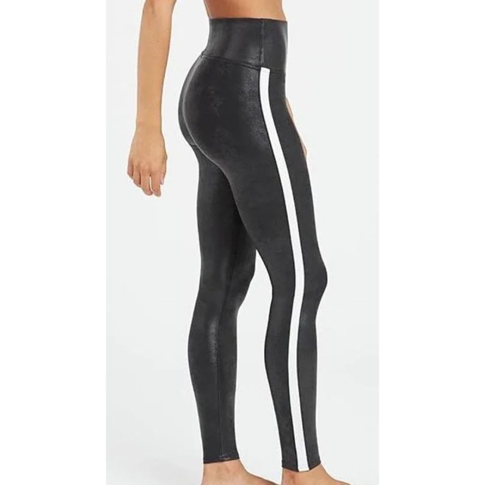 Spanx Faux Leather Side tuxedo Stripe Leggings Black White High Waisted Medium